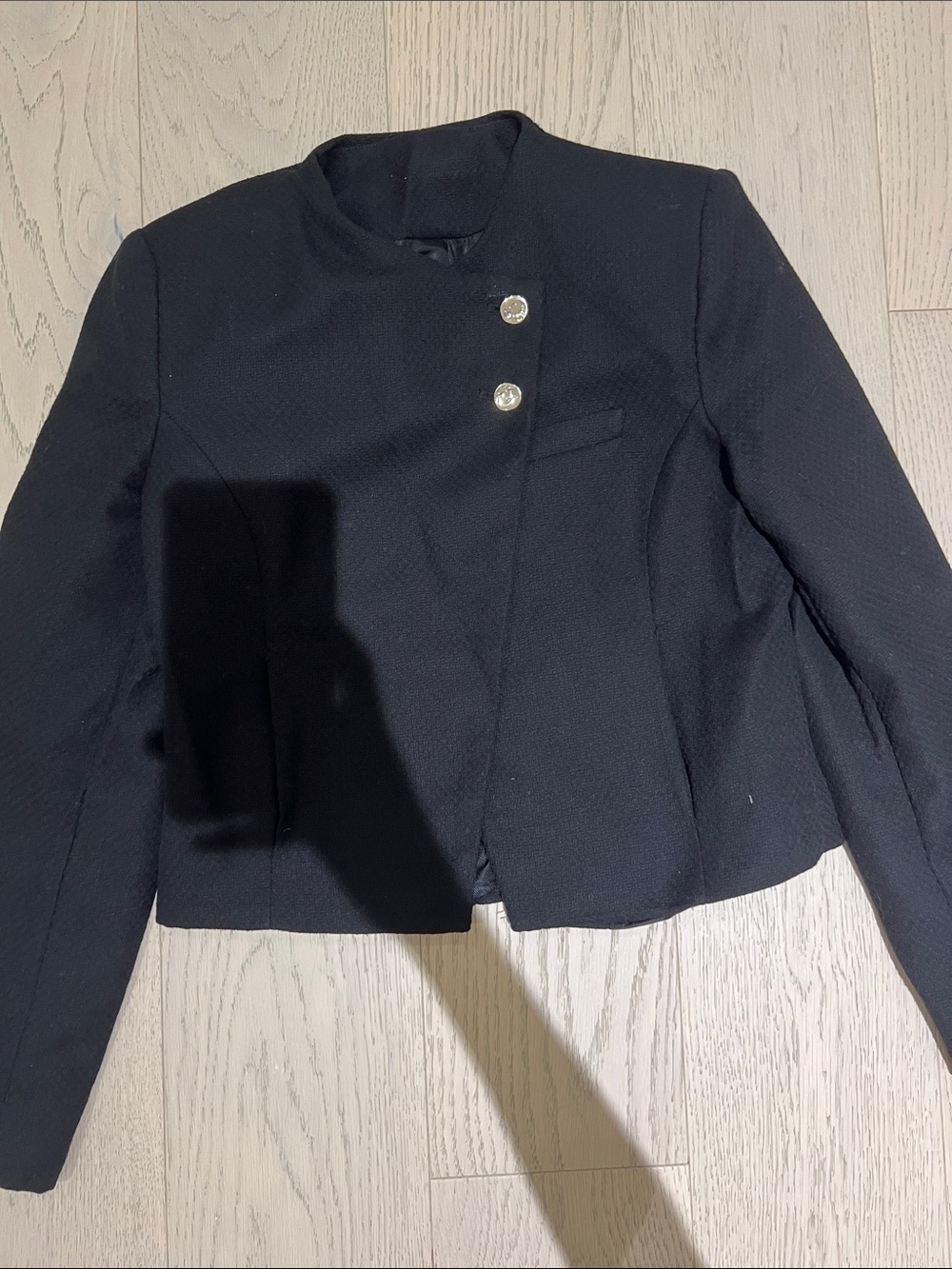 Cropped Black Double-Button Collarless Blazer